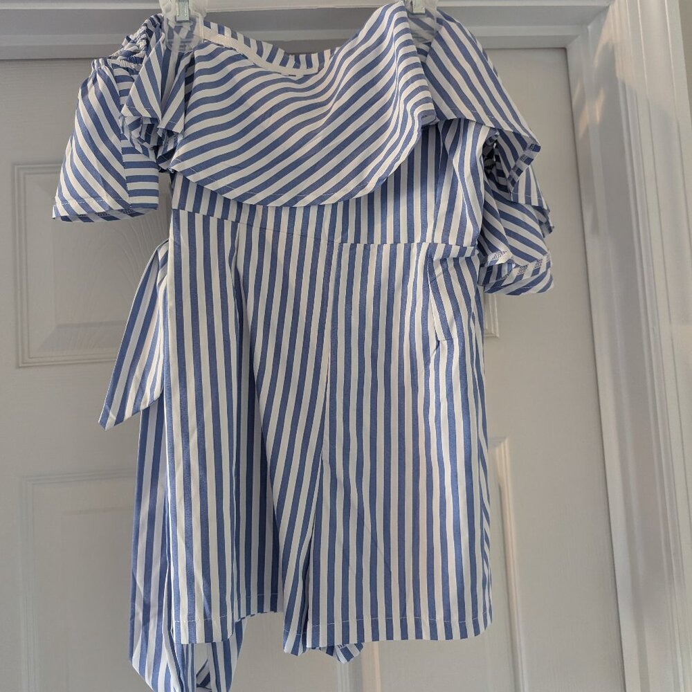 Blue & White Striped Belted Romper